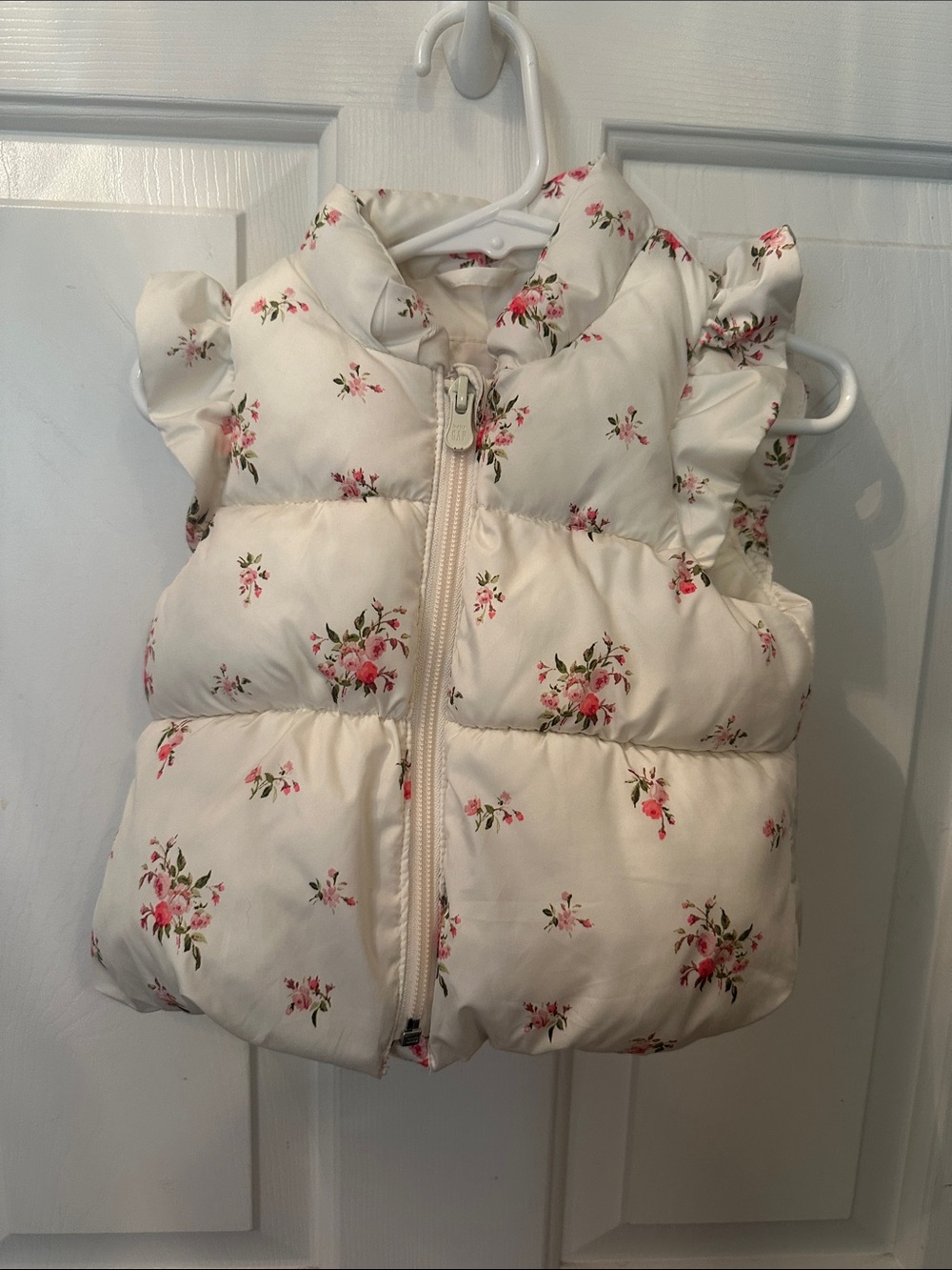 Baby GAP Cream Floral Puffer Vest with Pink Blossoms 12-18 M